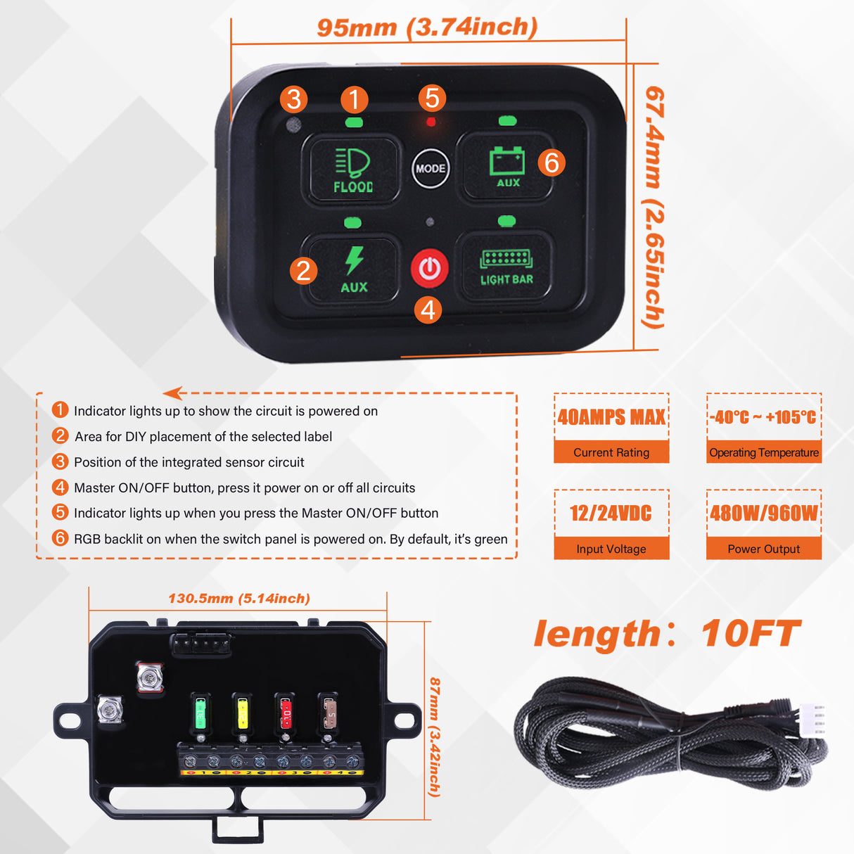 4 Gang 12V/24V 40A 480W/960W Automotive Power Switch Panel - Model PSP0304